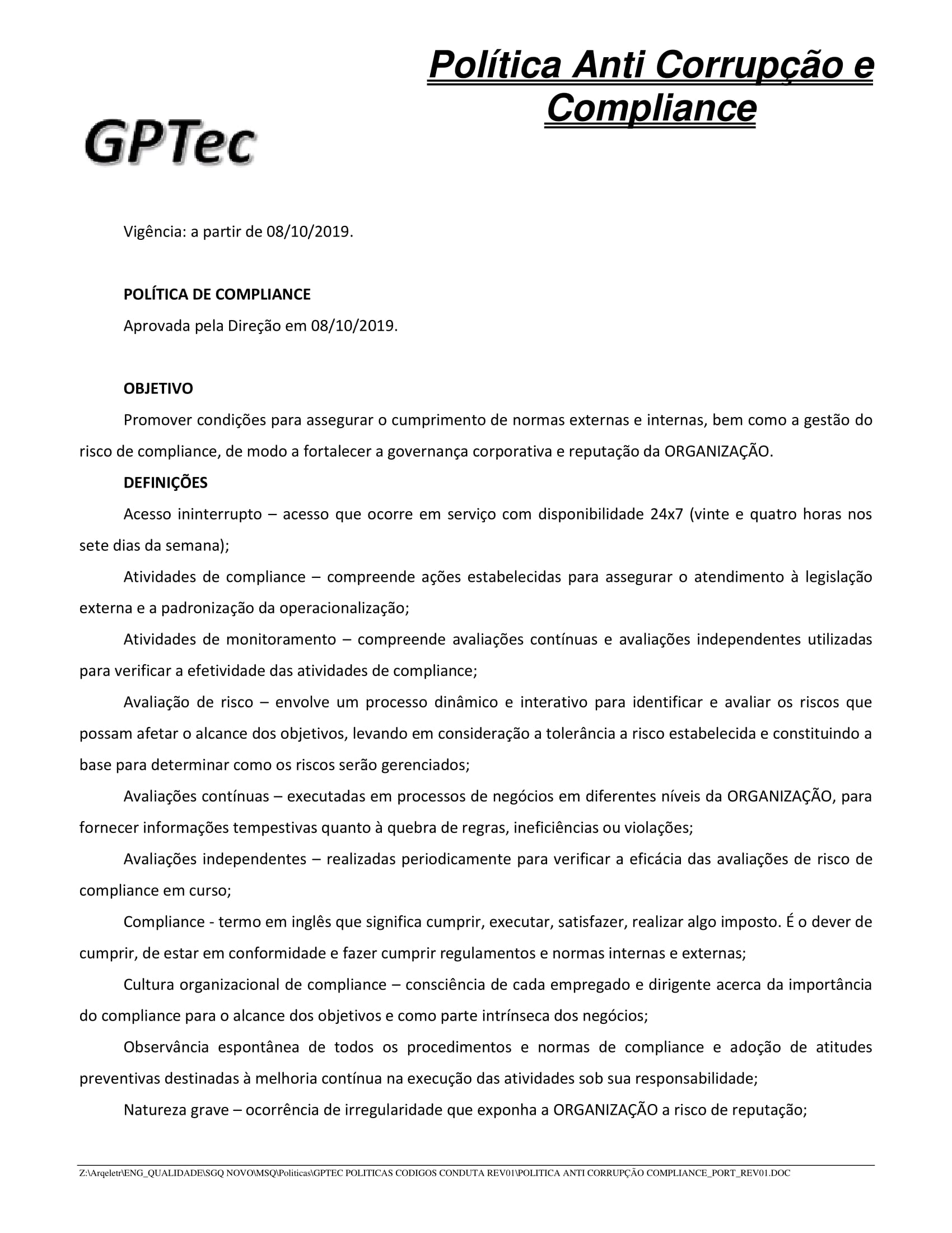 POLÍTICA ANTI CORRUÇPÃO E COMPLIANCE